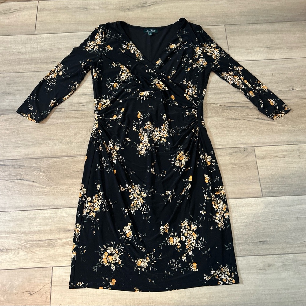 Ralph Lauren Dress Black With Yellow Florals Faux Wrap Fairy Office Midi Size 12